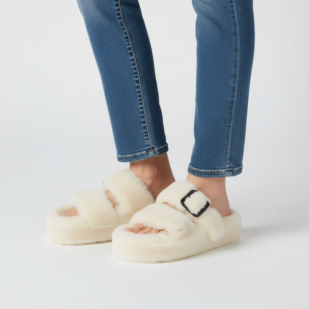 Chaussons femme mules duveteux doublés à boucle 1