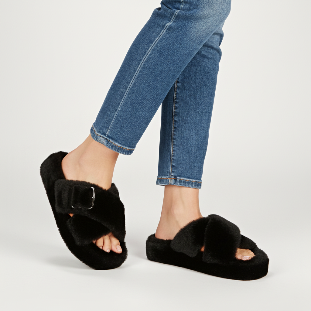 Chaussons femme mules duveteux doublés à boucle 2