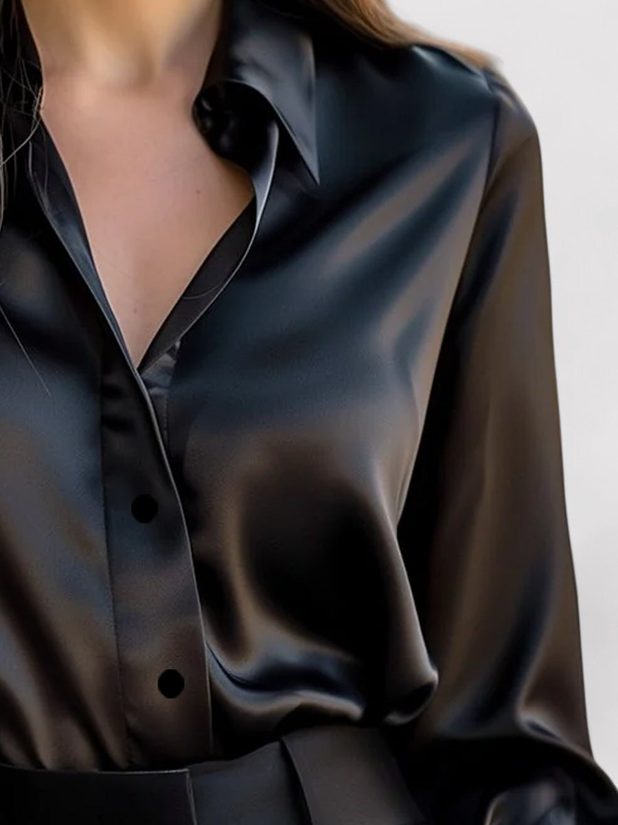 Chemisier en satin femme manches longues boutonné à col souple 4
