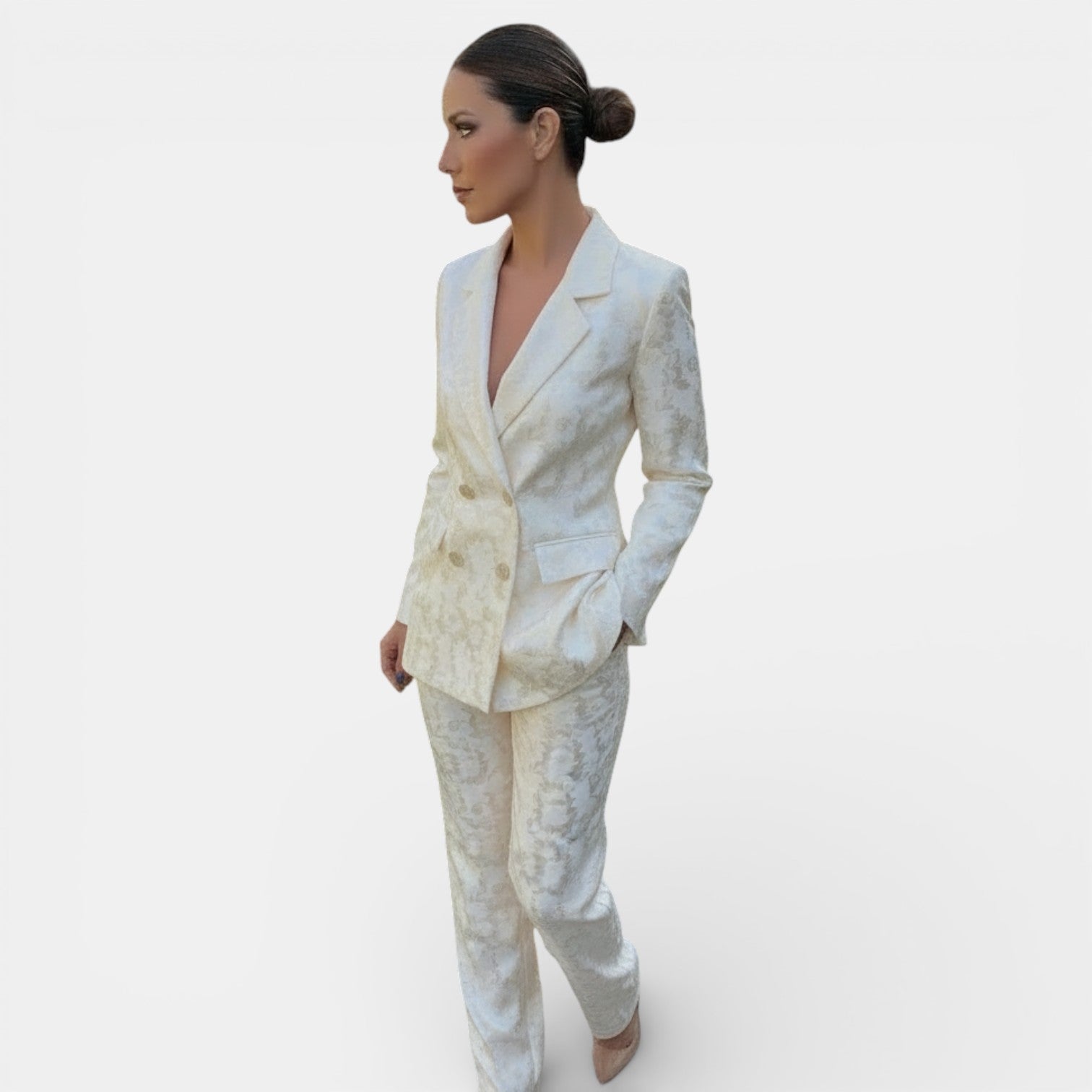 Ensemble blazer et pantalon large femme, tailleur chic à col en V