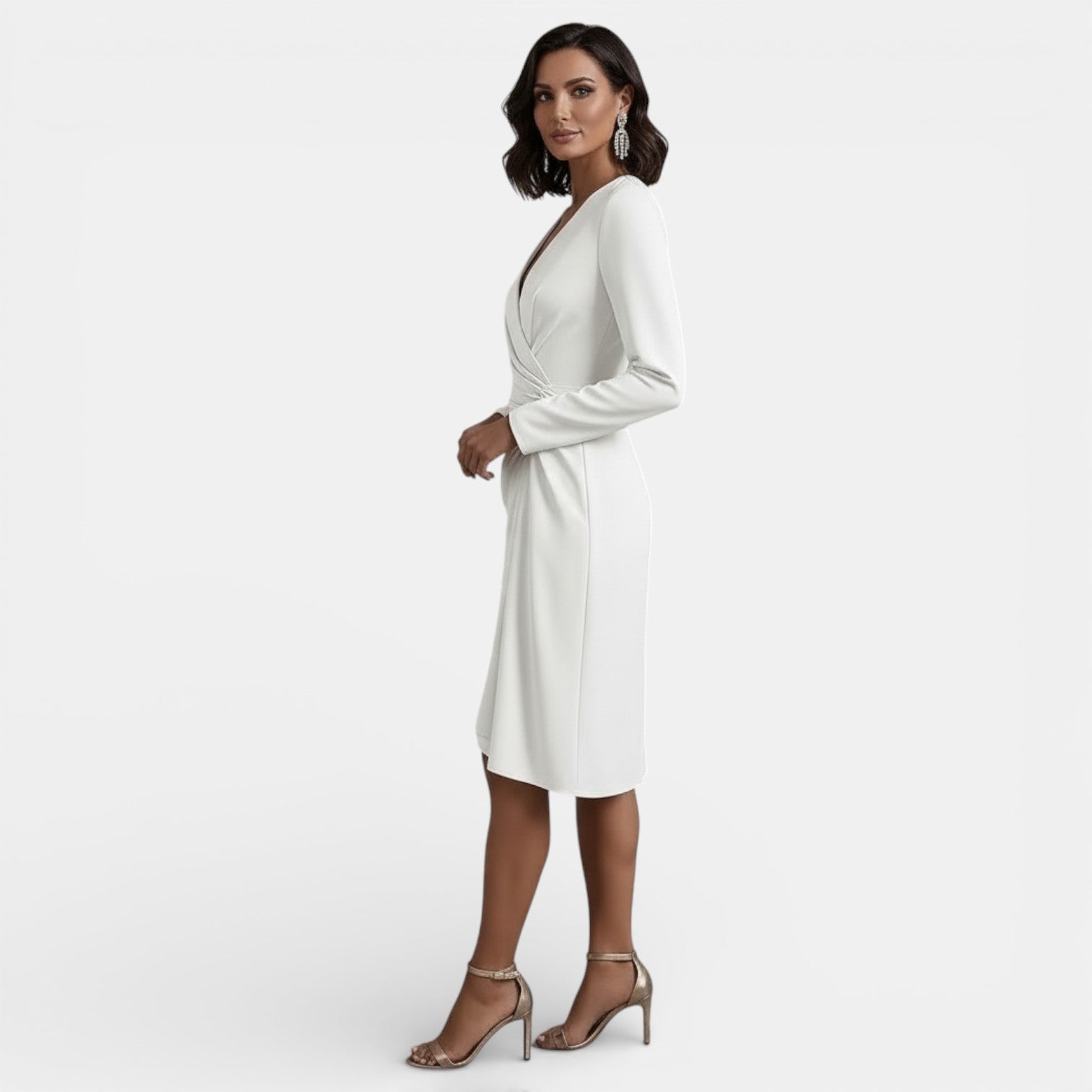 Robe midi élégante plissée à col en V et coupe trapèze