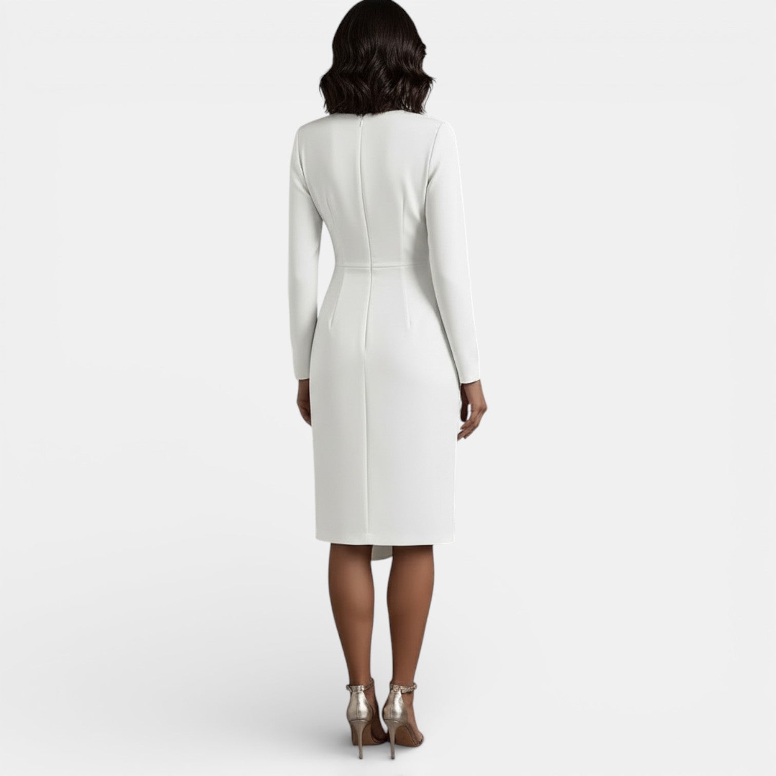 Robe midi élégante plissée à col en V et coupe trapèze