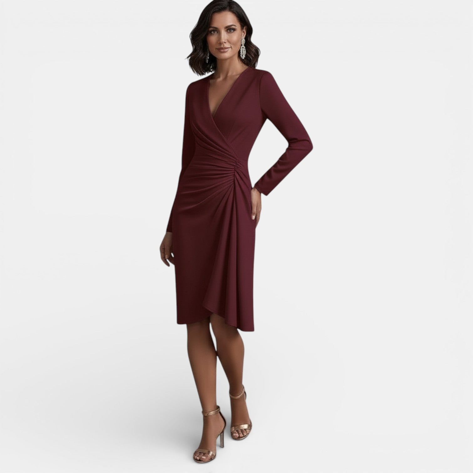 Robe midi élégante plissée à col en V et coupe trapèze