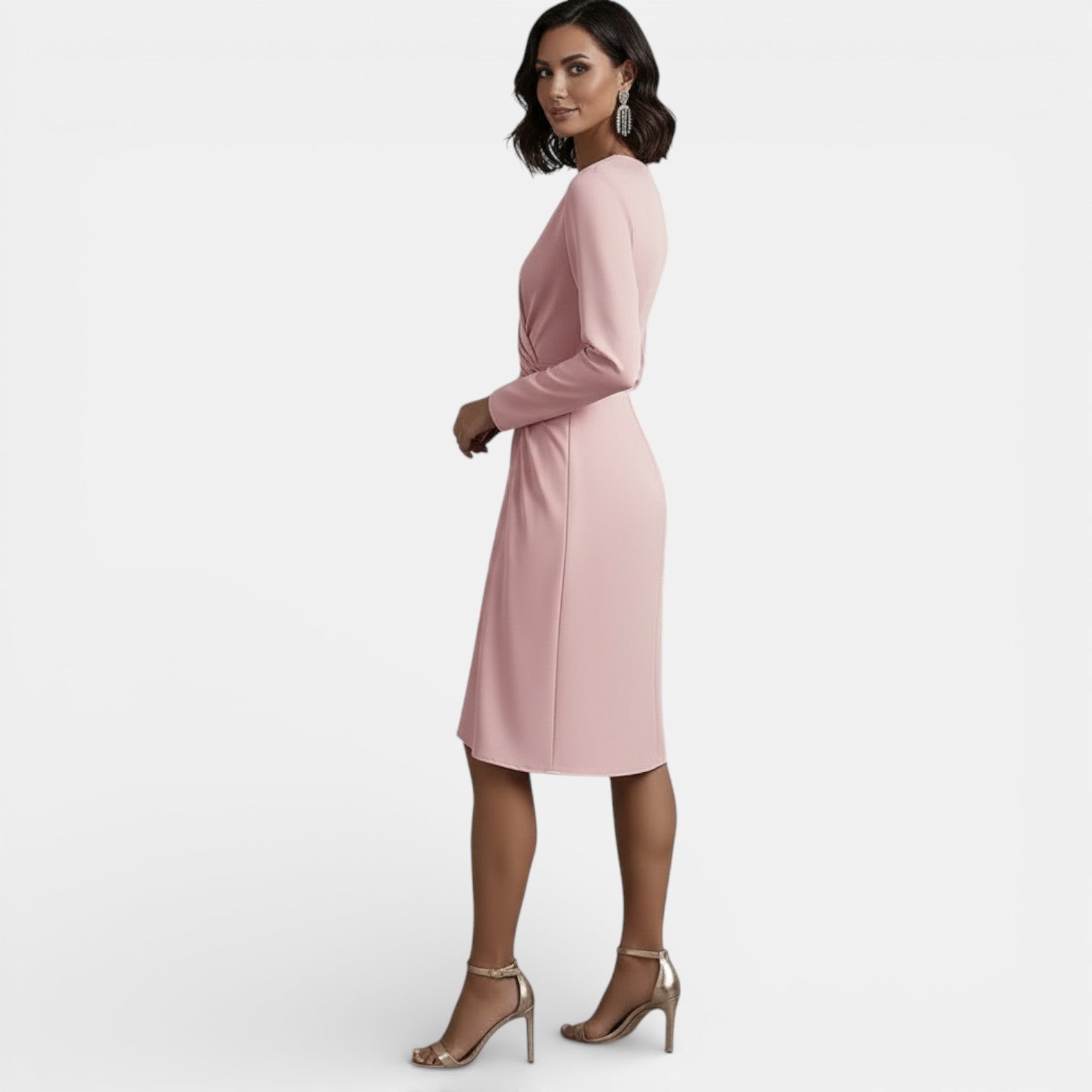 Robe midi élégante plissée à col en V et coupe trapèze