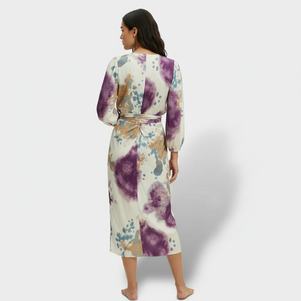 Robe midi deux-pièces à col en V et manches longues avec fente