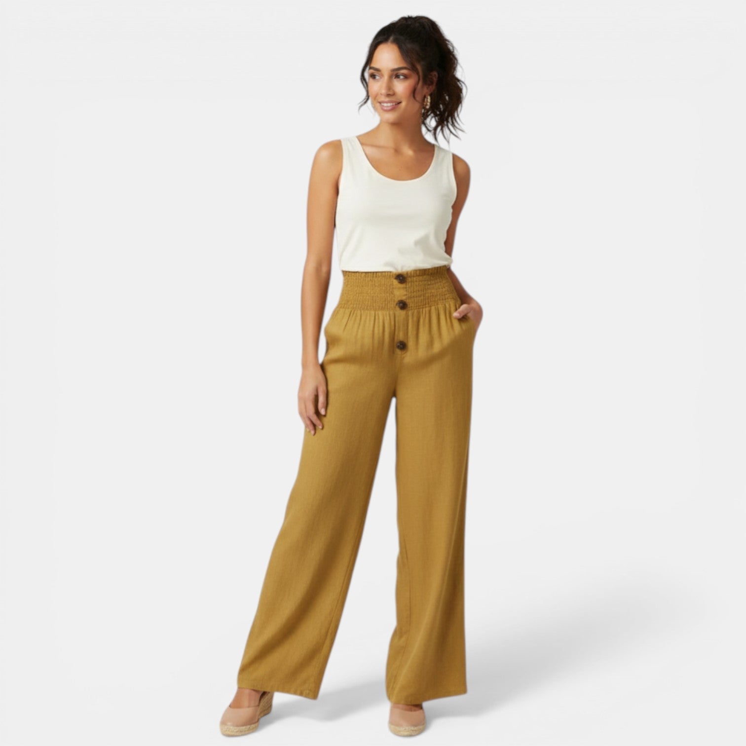 Pantalon large en lin et coton femme taille haute