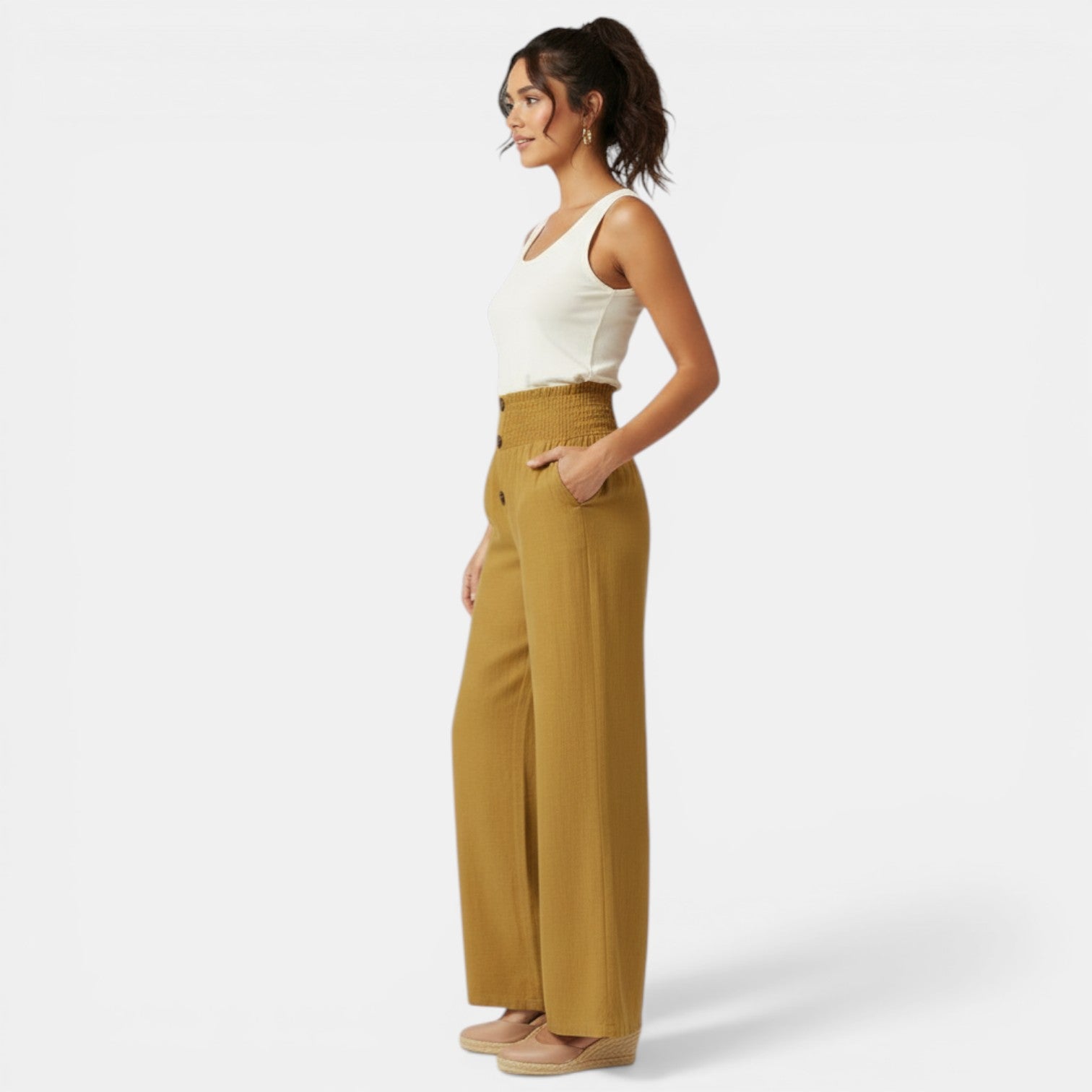 Pantalon large en lin et coton femme taille haute