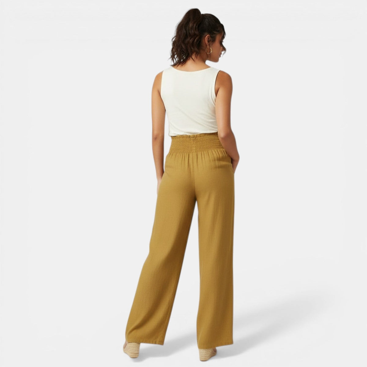 Pantalon large en lin et coton femme taille haute