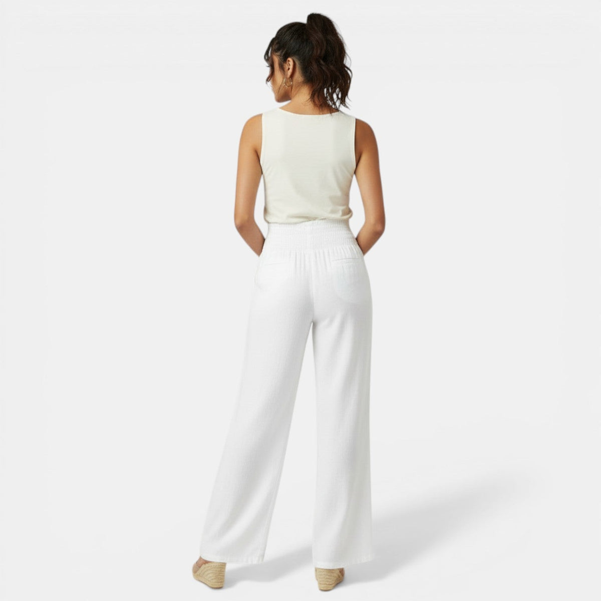 Pantalon large en lin et coton femme taille haute