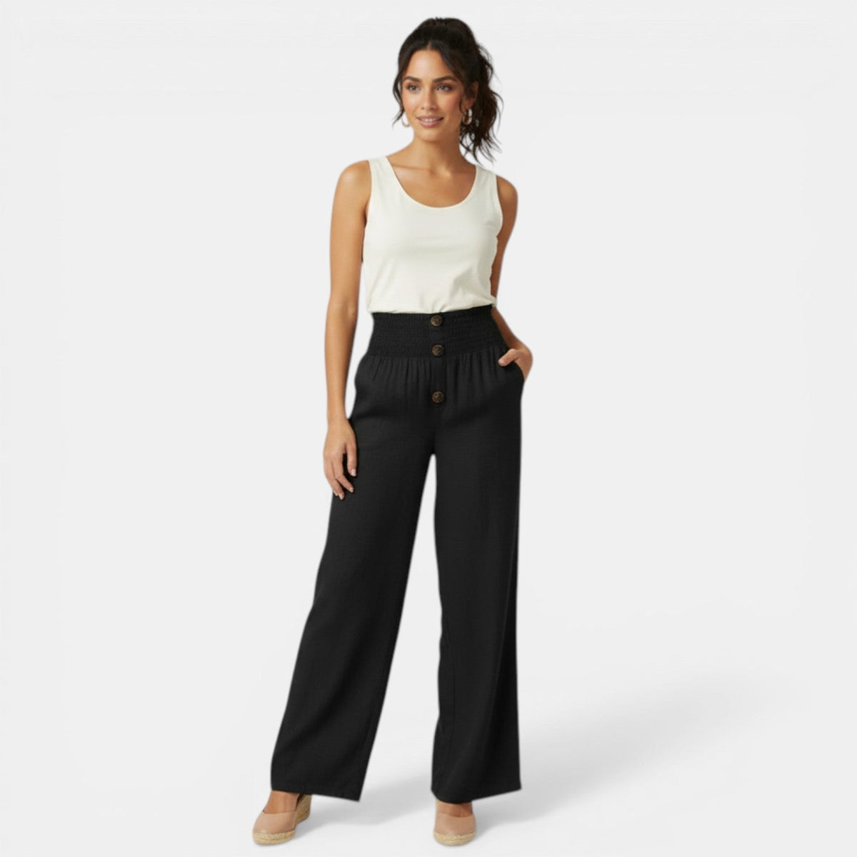 Pantalon large en lin et coton femme taille haute