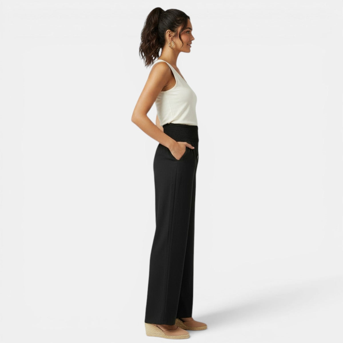 Pantalon large en lin et coton femme taille haute