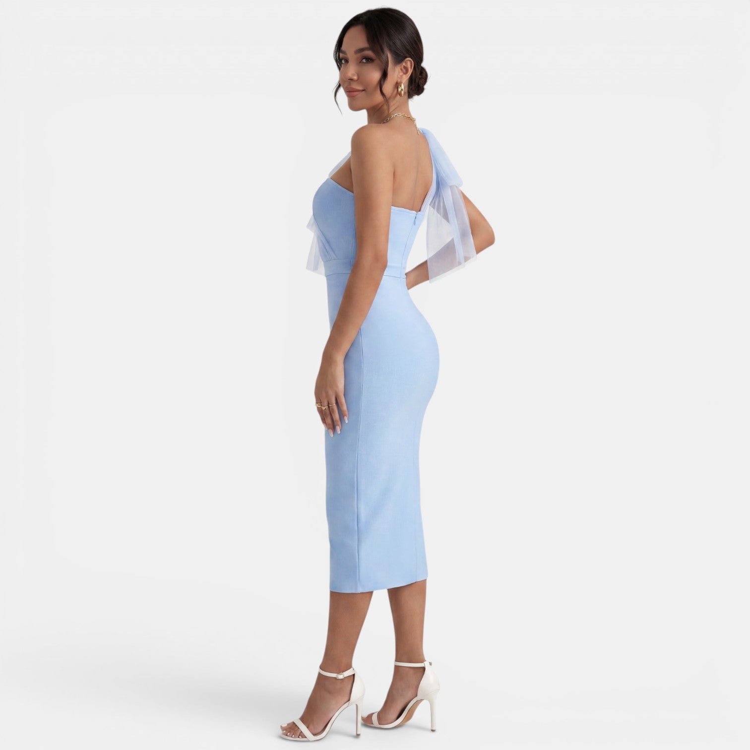 Robe midi de soirée moulante à une épaule avec nœud et fente latérale