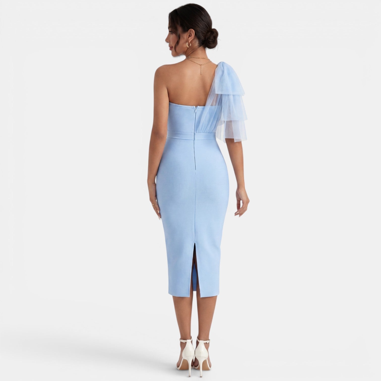Robe midi de soirée moulante à une épaule avec nœud et fente latérale
