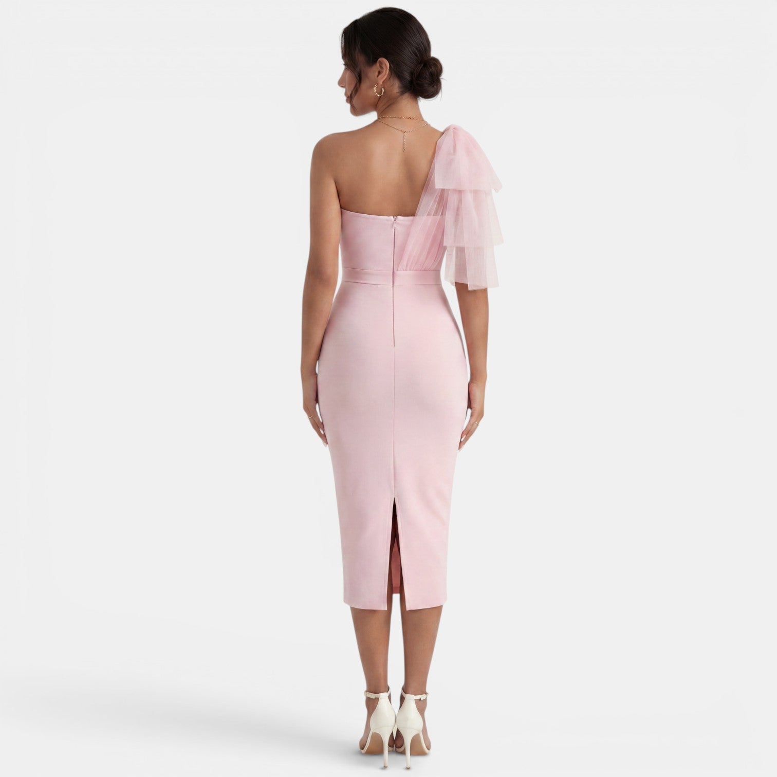 Robe midi de soirée moulante à une épaule avec nœud et fente latérale