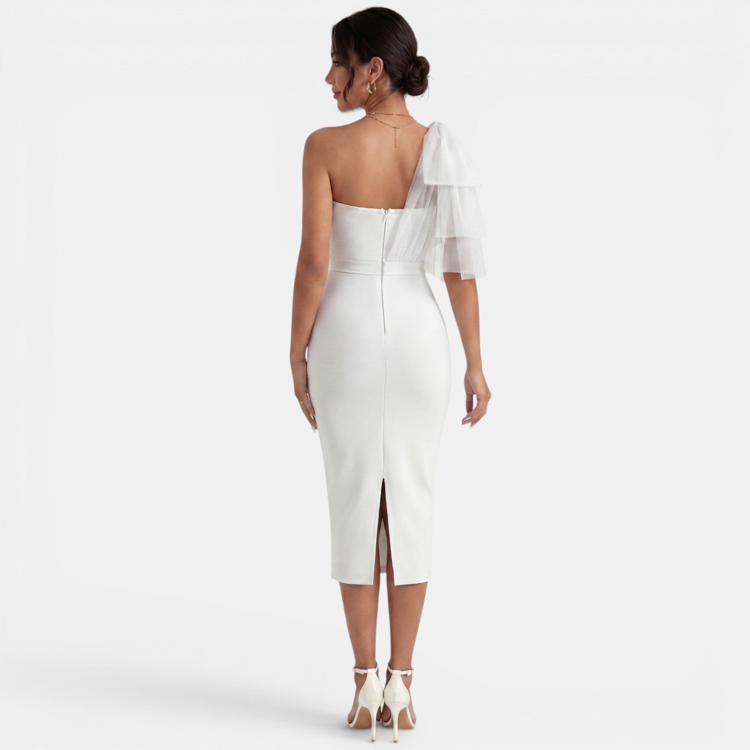 Robe midi de soirée moulante à une épaule avec nœud et fente latérale