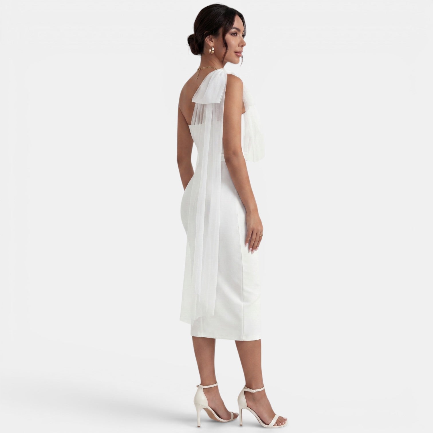 Robe midi de soirée moulante à une épaule avec nœud et fente latérale