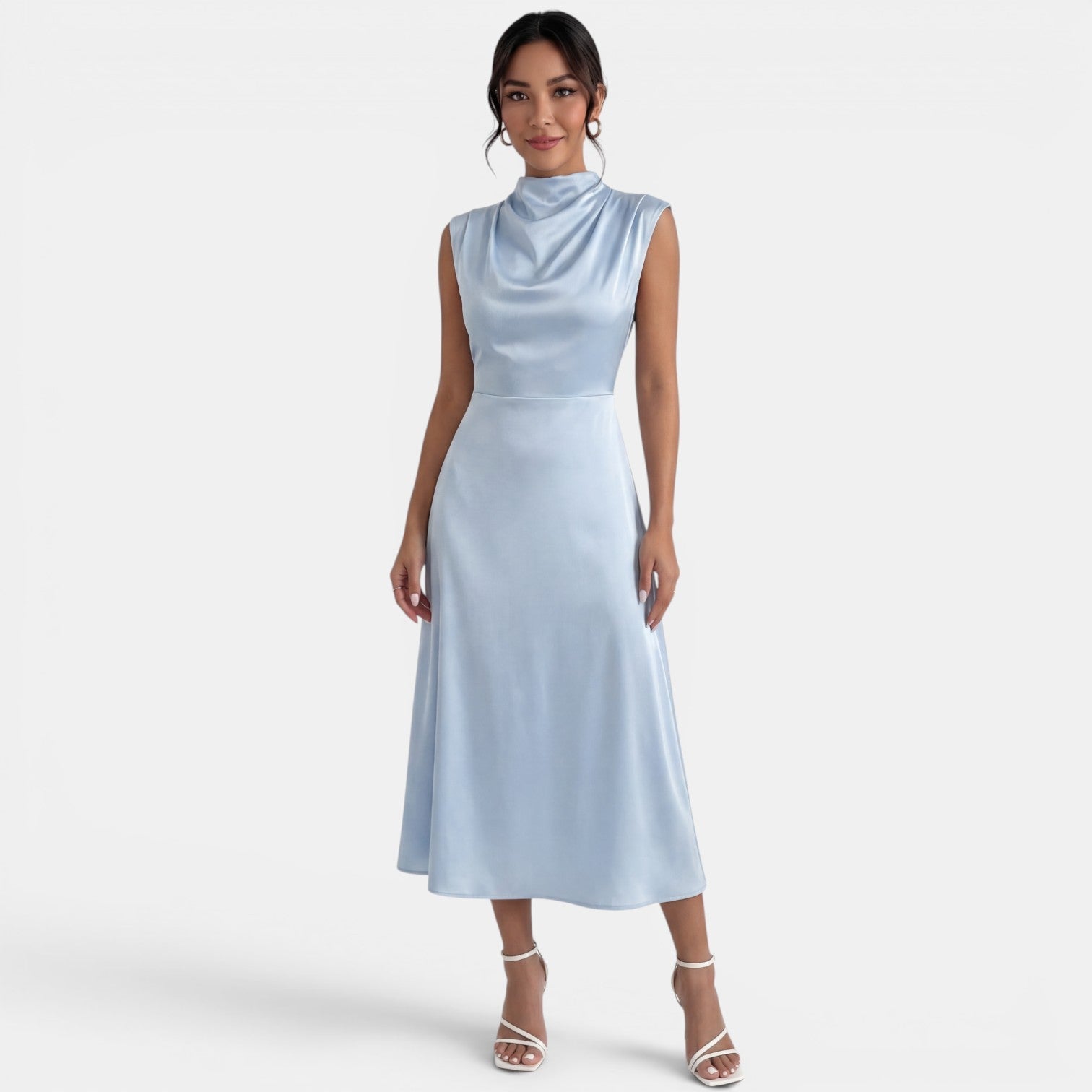 Robe midi élégante et fluide sans manches à col montant