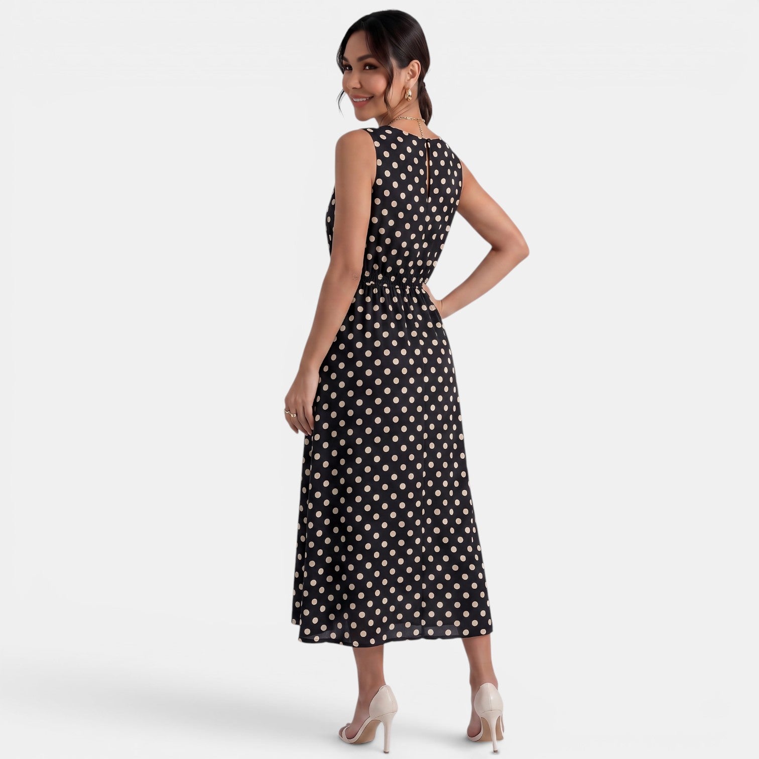 Robe midi à pois d'été sans manches à col rond et coupe trapèze