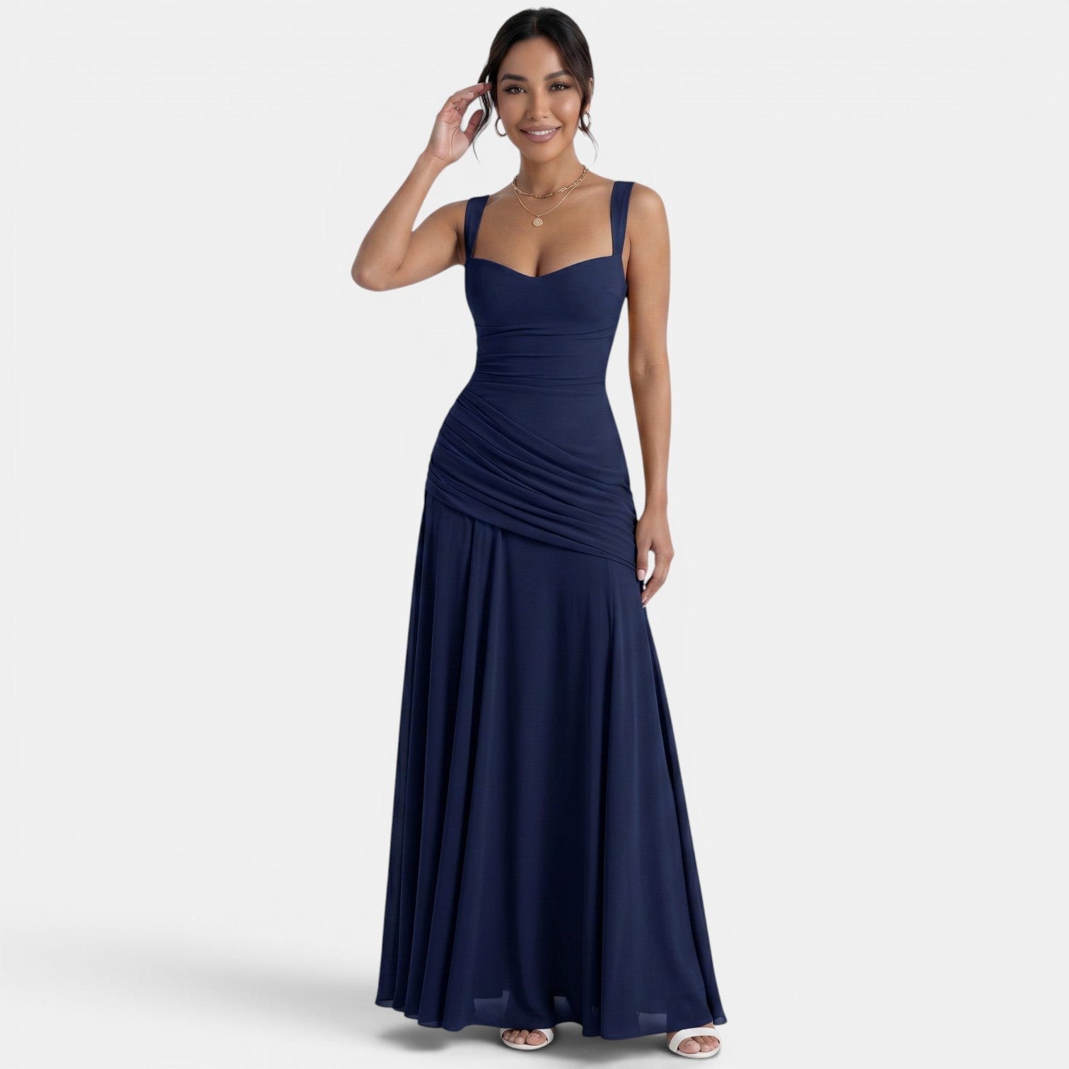 Robe longue invitée mariage coupe fourreau sans manches