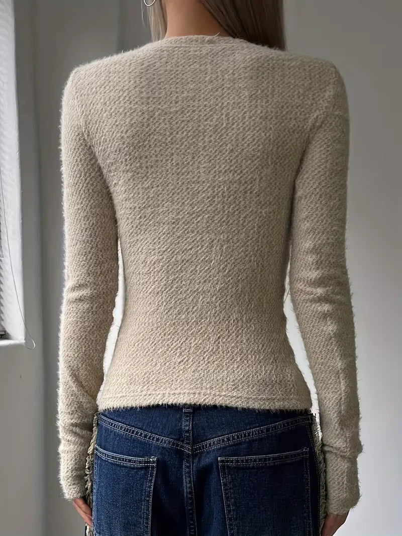 Crop top manches longues femme en maille douce à col rond 3