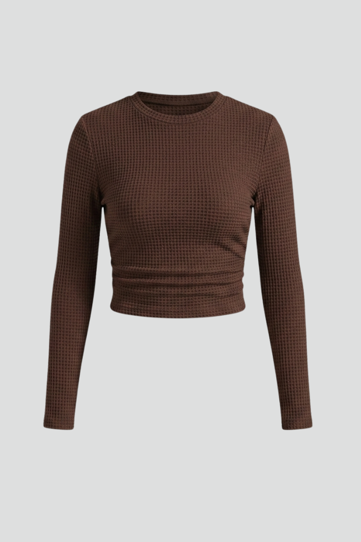 Crop top manches longues femme en maille gaufrée à col rond montant 7