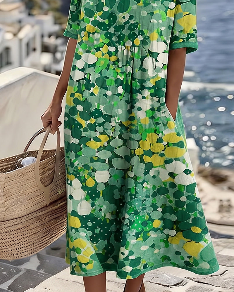 Robe midi femme en coton et lin à imprimé floral, poches et manches courtes