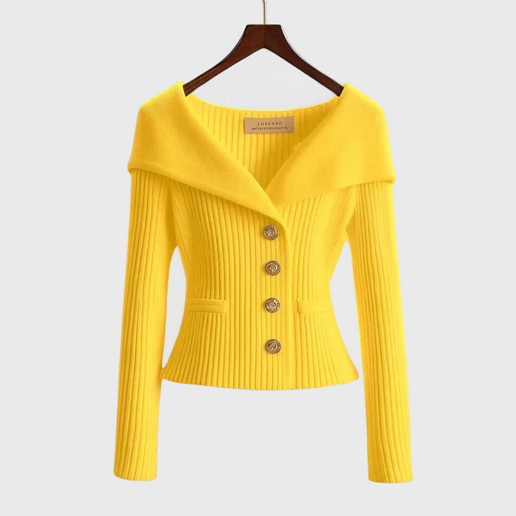 Gilet en maille côtelée femme à col bardot et boutons dorés