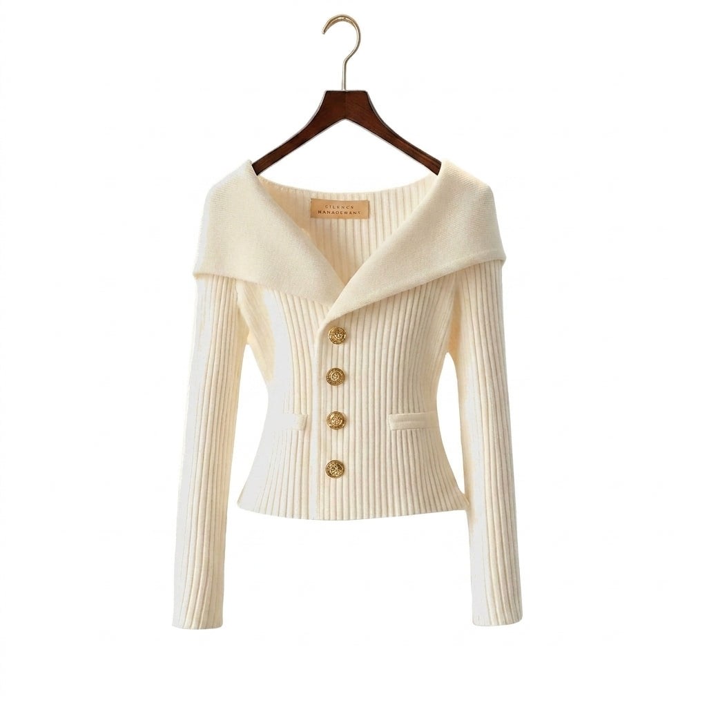 Gilet en maille côtelée femme à col bardot et boutons dorés
