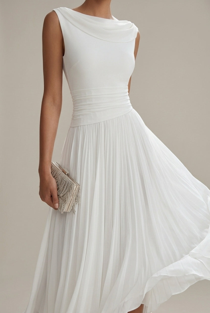 Robe midi sans manches à col drapé plissé femme
