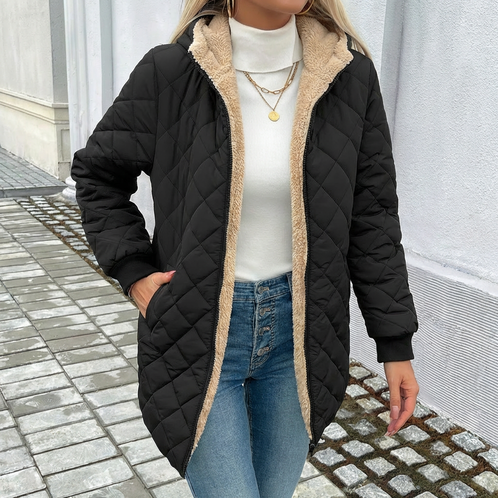 Doudoune à capuche femme matelassée mi-longue à doublure sherpa et fermeture éclair 2