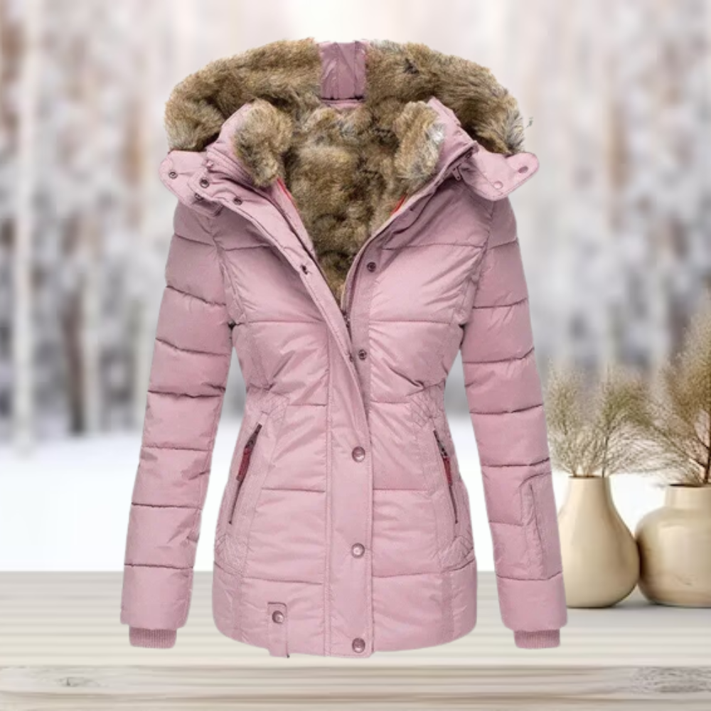 Doudoune femme courte cintrée à capuche amovible en fausse fourrure 4