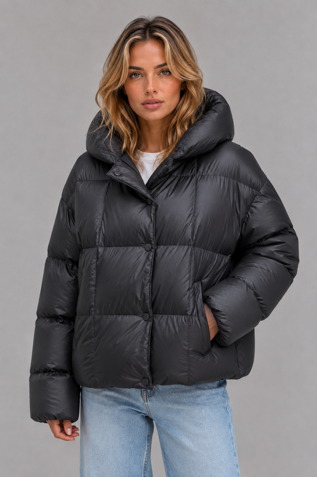 Doudoune femme courte oversize à capuche et col montant 2