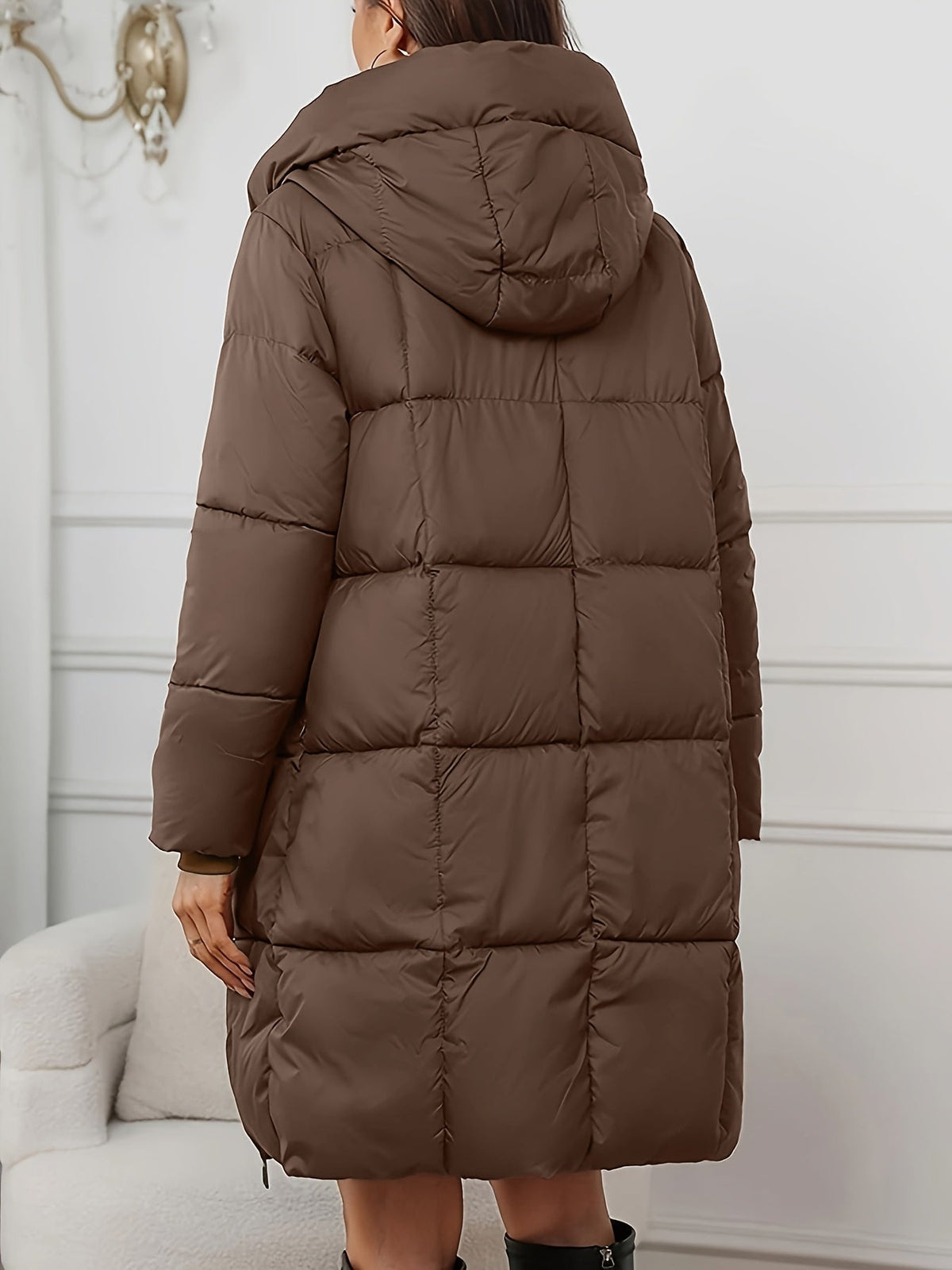 Doudoune femme longue à capuche à poignets côtelés matelassée 3