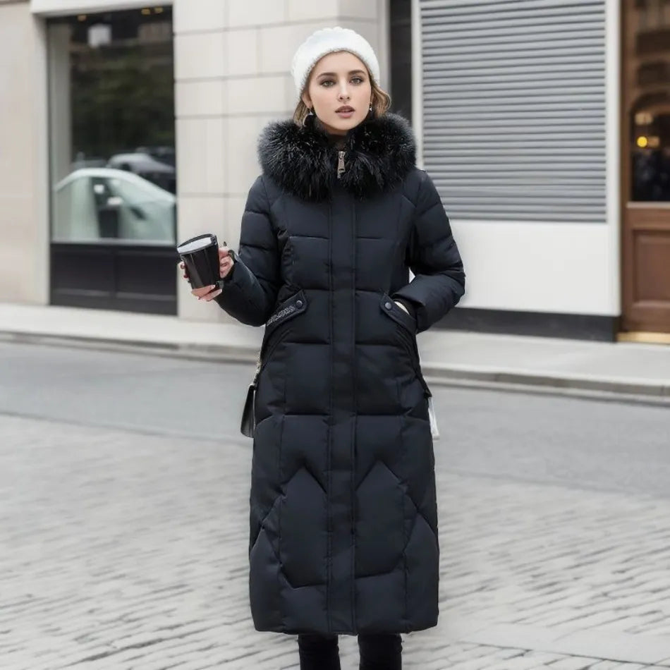 Doudoune femme longue à col en fausse fourrure amovible cintrée 12