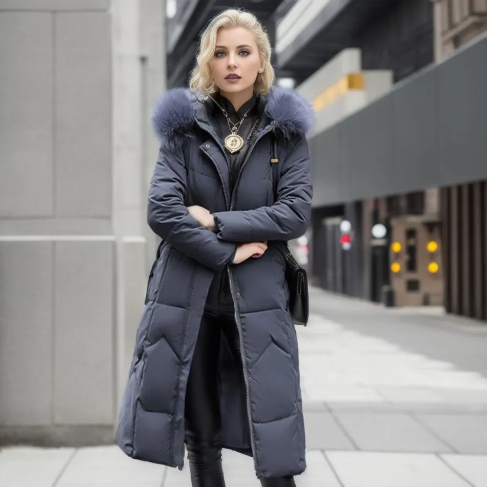 Doudoune femme longue à col en fausse fourrure amovible cintrée 5