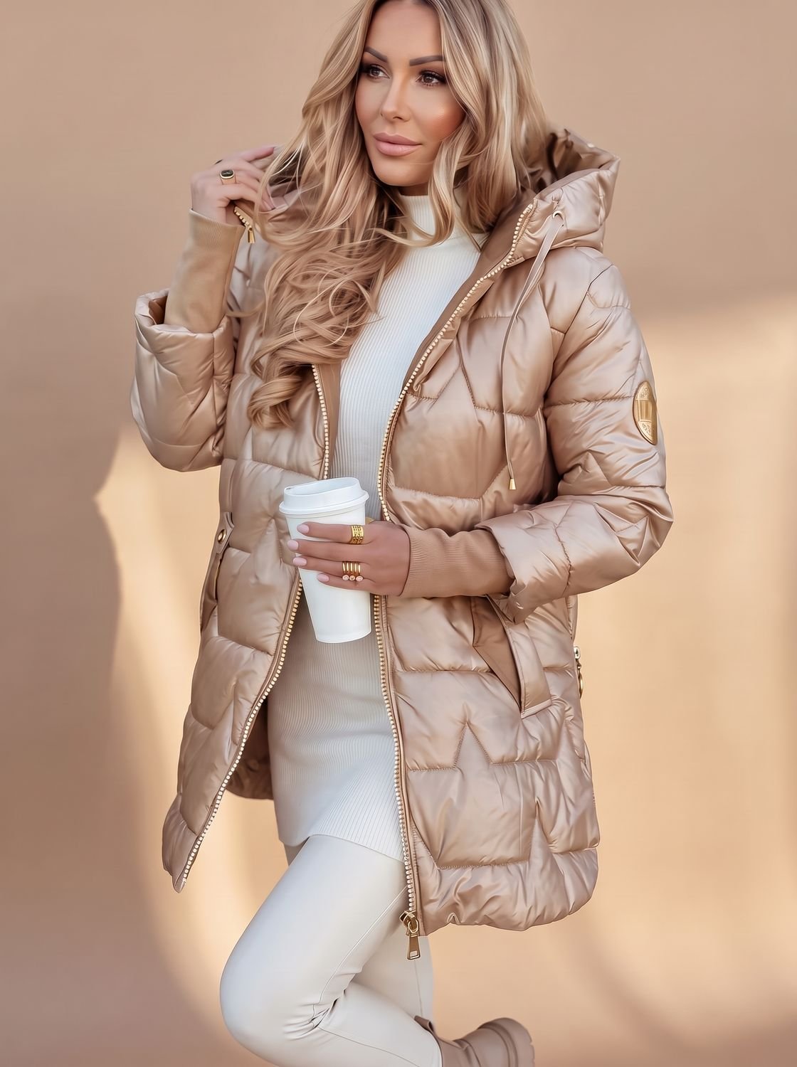 Doudoune femme mi-longue brillante à capuche ajustable 2
