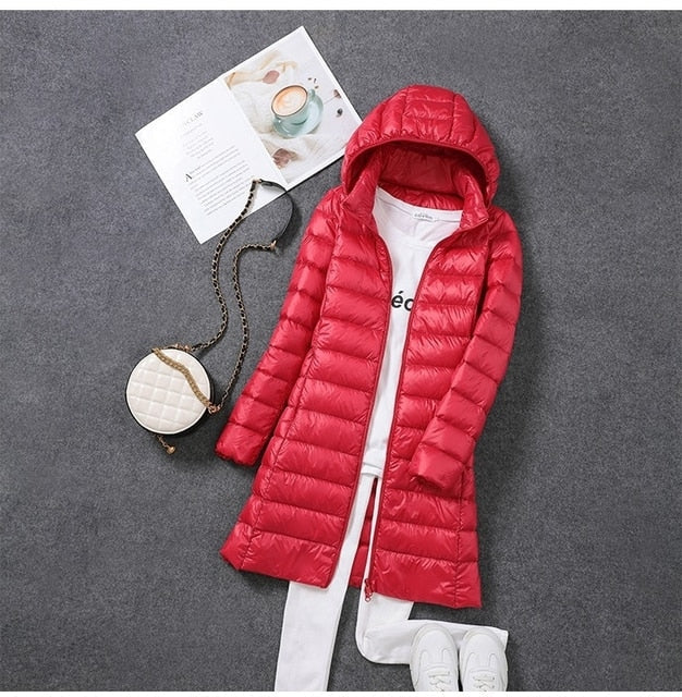 Doudoune longue femme ultra légère en duvet à capuche amovible et col montant 6