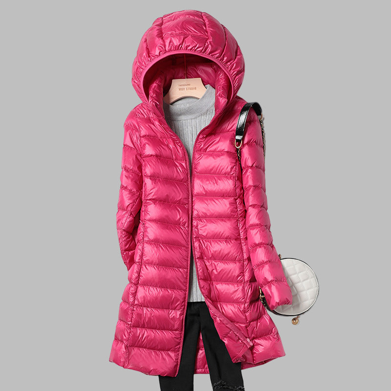 Doudoune longue femme ultra légère en duvet à capuche amovible et col montant 7