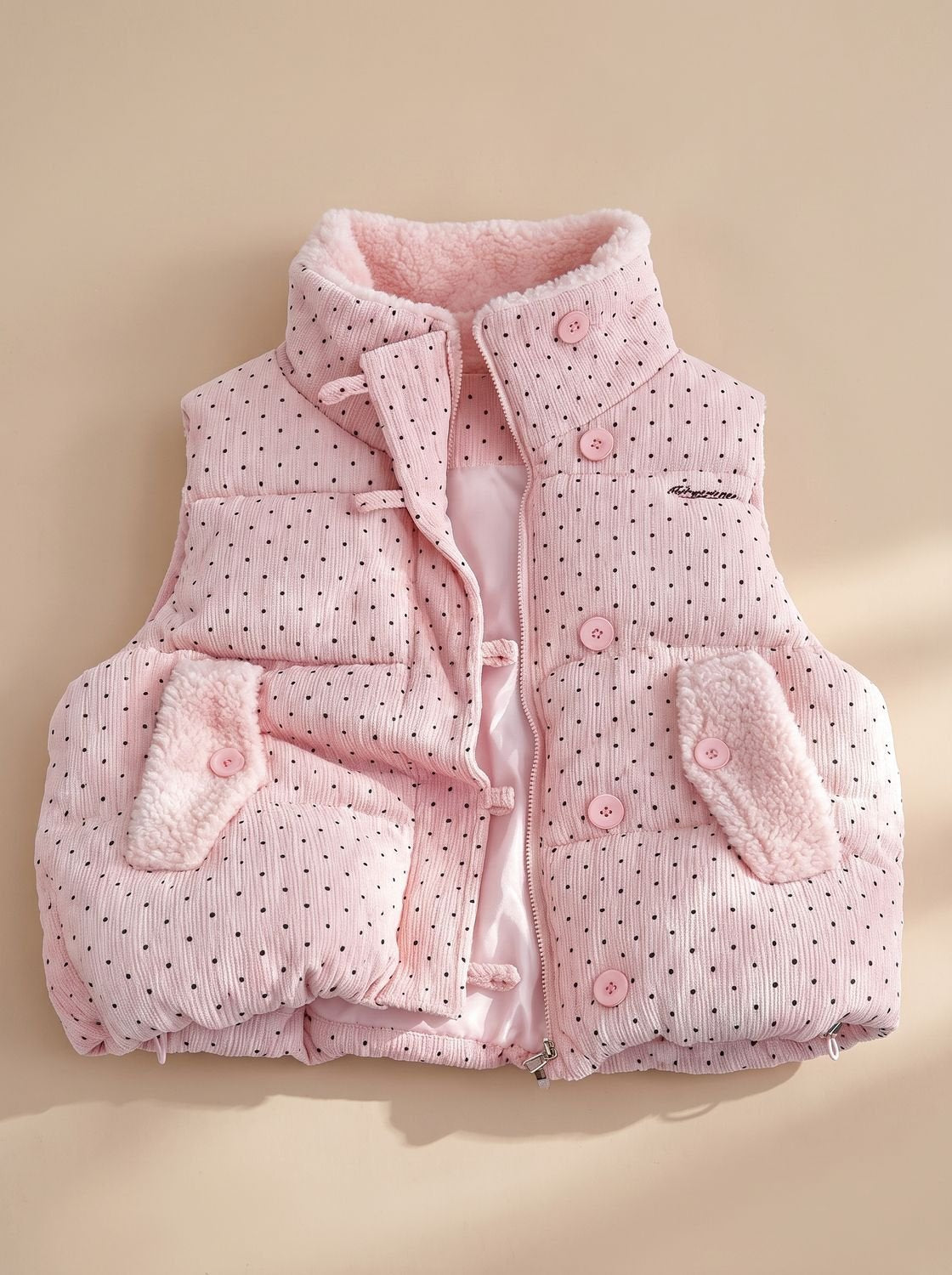 Doudoune sans manches femme col montant doublé peluche à pois 4