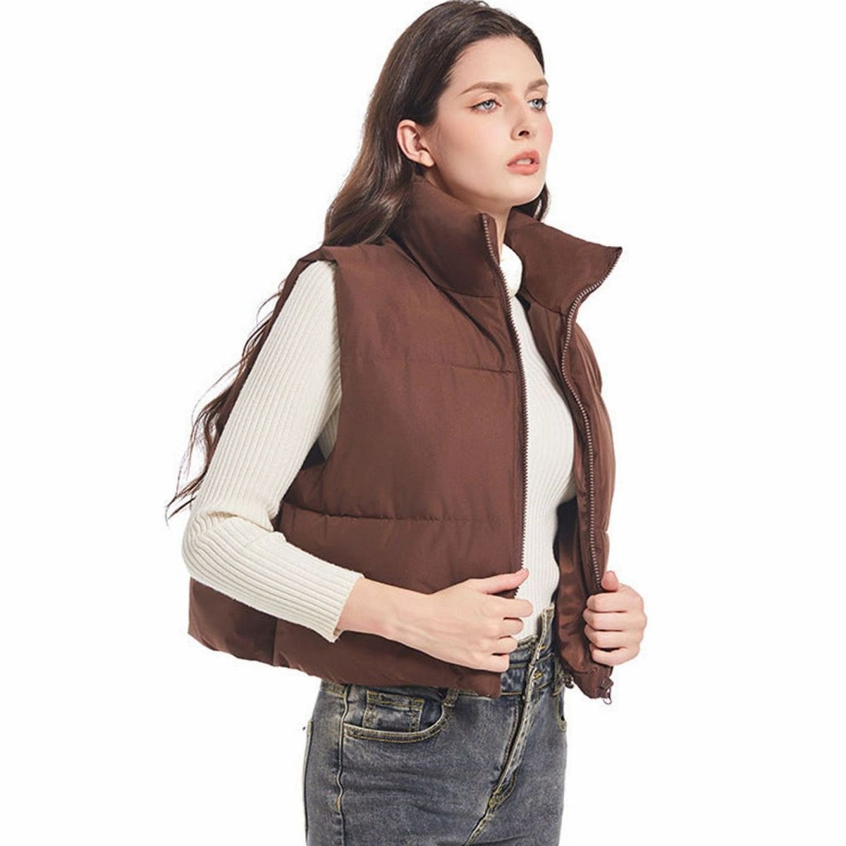 Doudoune sans manches femme courte col montant zip double sens ourlet à cordon 2