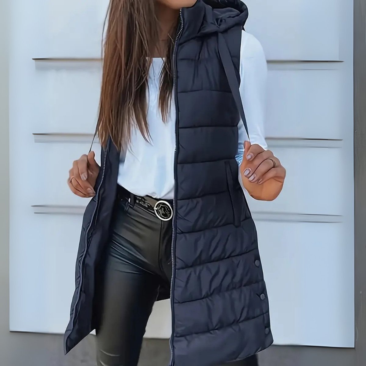Doudoune sans manches femme longue à capuche zippée matelassée 8