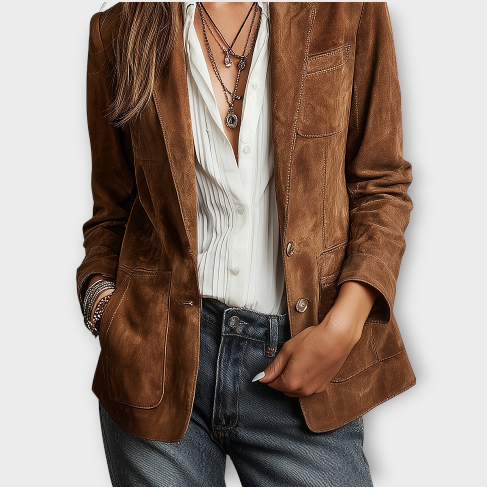 Blazer femme cintré en suède à boutonnage et poches devant, coupe structurée 2