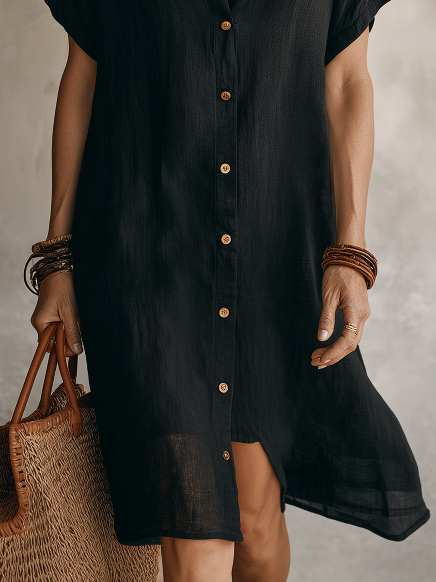 Robe chemise midi femme en lin et coton, boutonnée à manches courtes