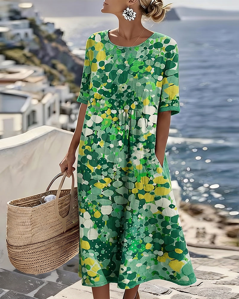 Robe midi femme en coton et lin à imprimé floral, poches et manches courtes
