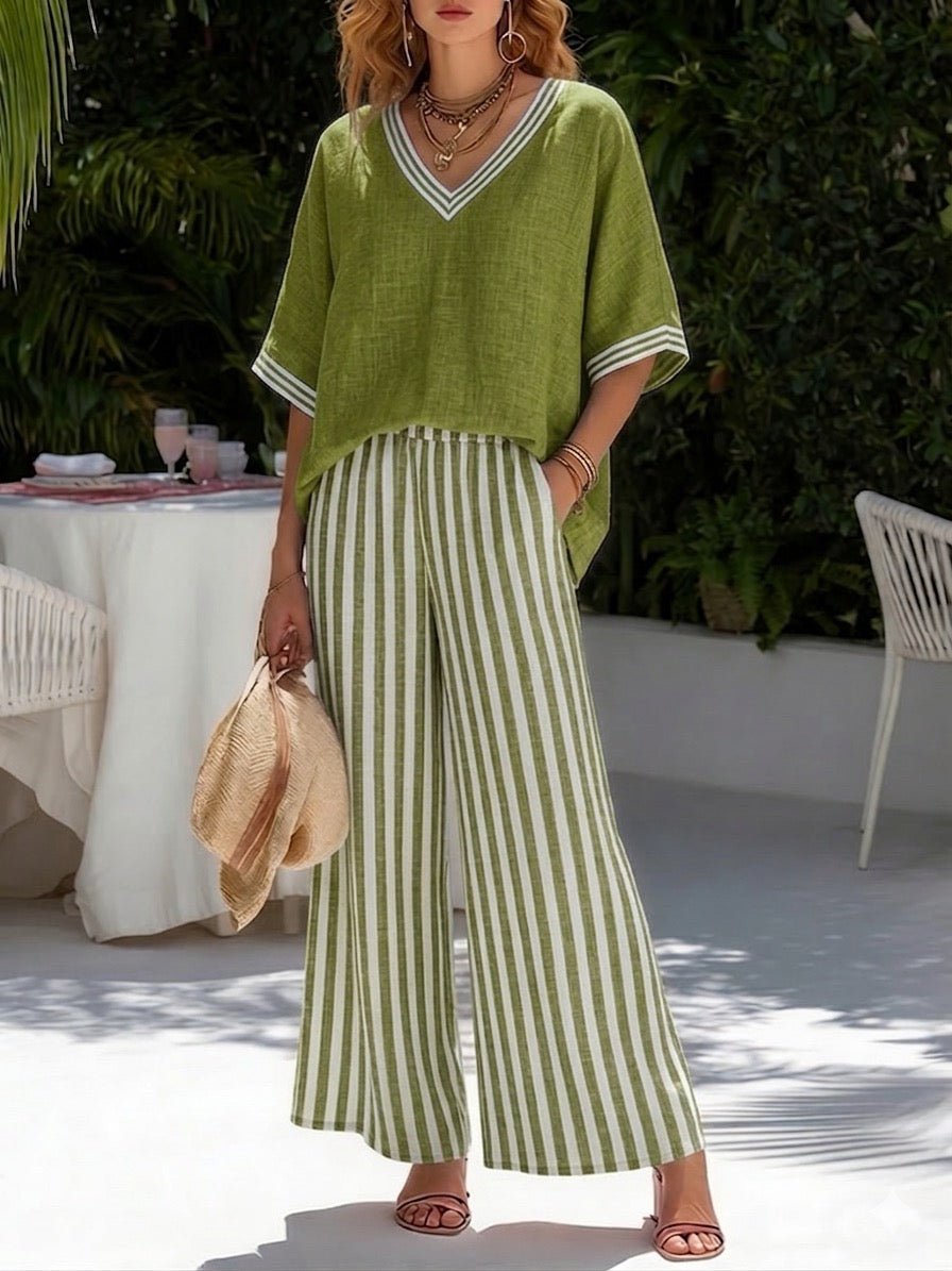 Ensemble femme en lin et coton à pantalon large rayé et haut col V