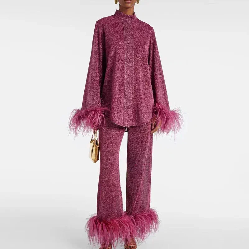 Ensemble deux pièces femme effet brillant à plumes et jambe large 1