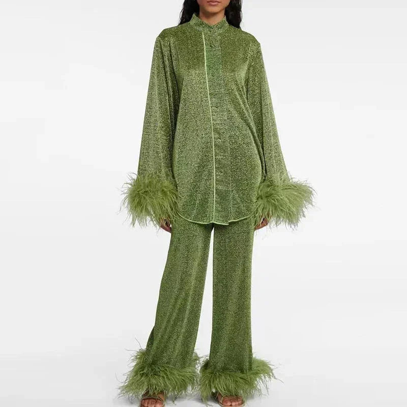 Ensemble deux pièces femme effet brillant à plumes et jambe large 3