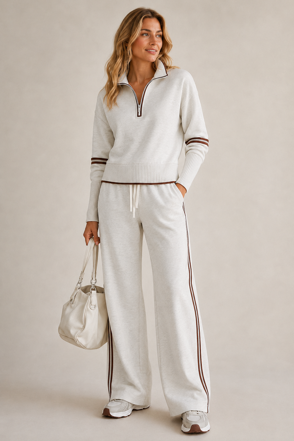 Ensemble deux pièces femme pull demi-zip col montant pantalon large rayé 1