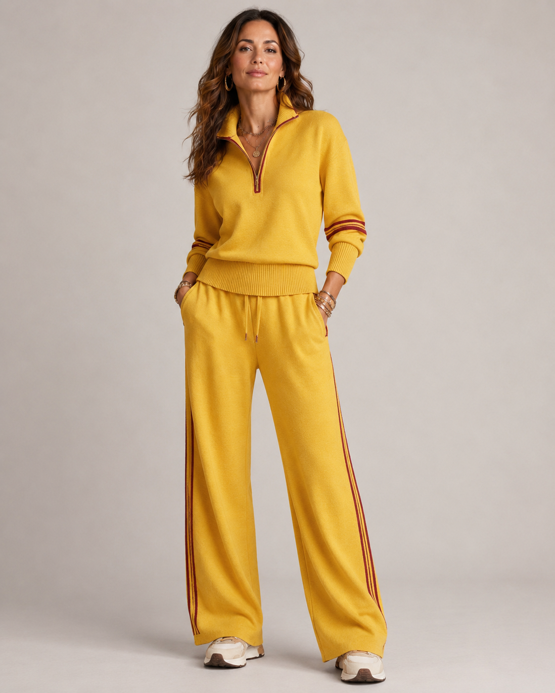 Ensemble deux pièces femme pull demi-zip col montant pantalon large rayé 3