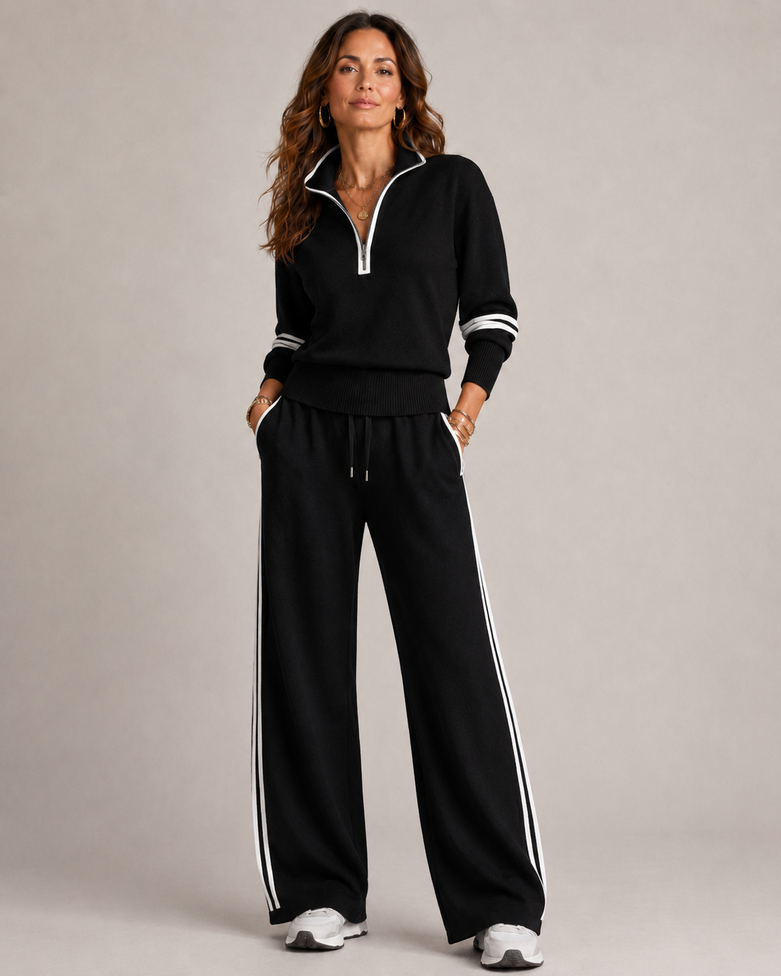 Ensemble deux pièces femme pull demi-zip col montant pantalon large rayé 5